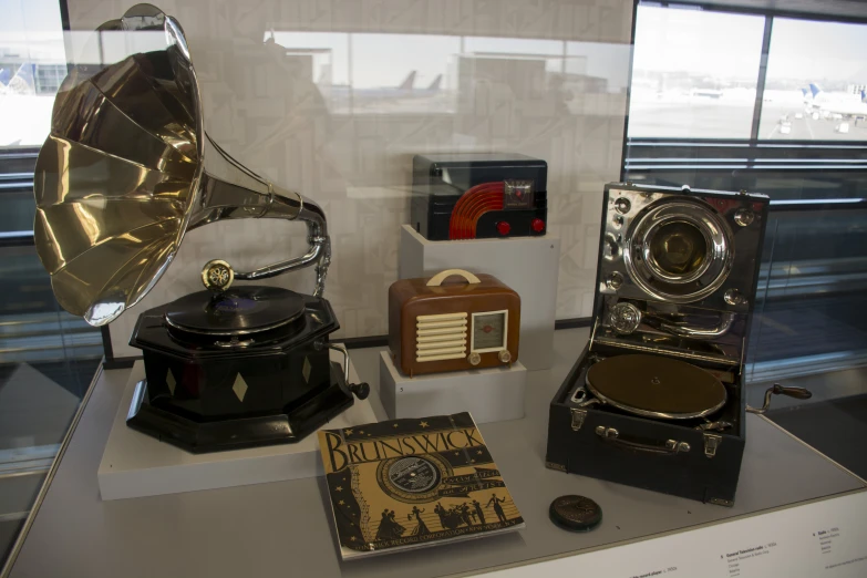 a collection of musical instruments sits on a table