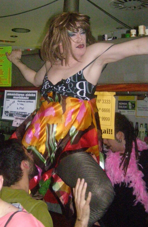 a person in costume standing on a table