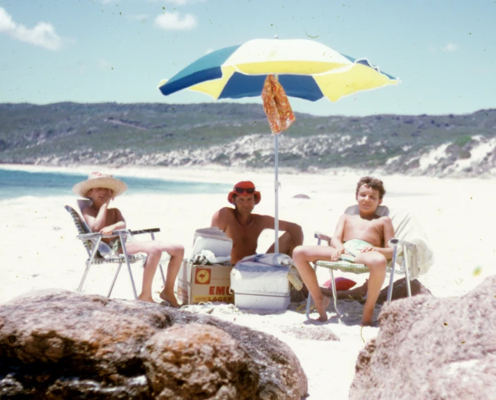 three people on the beach having a picnic