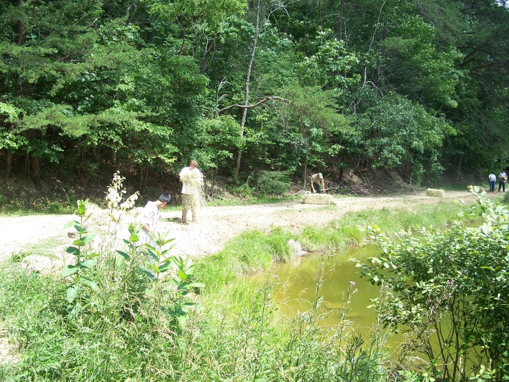 two people walk in the woods towards a pond