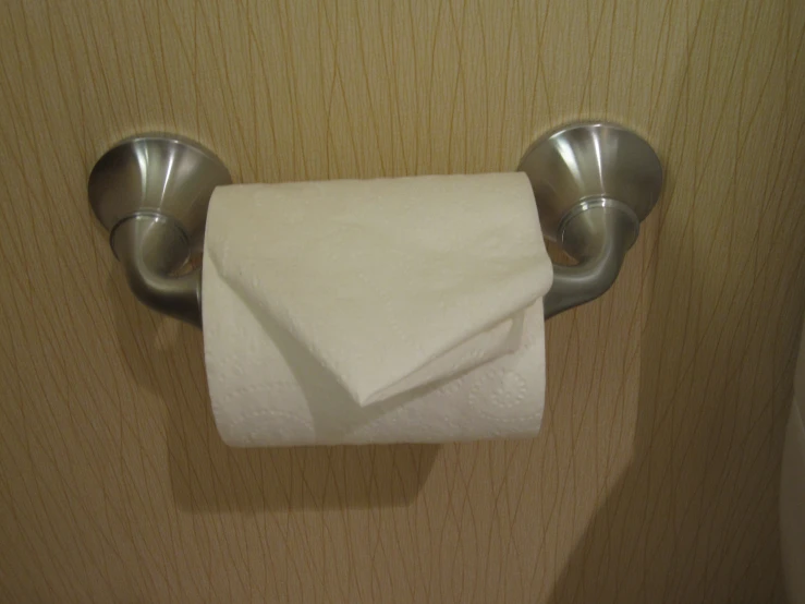 a folded towel hanging on a toilet paper holder