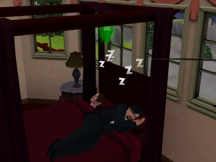 a computer generated animation shows a person on a bed and a bedroom