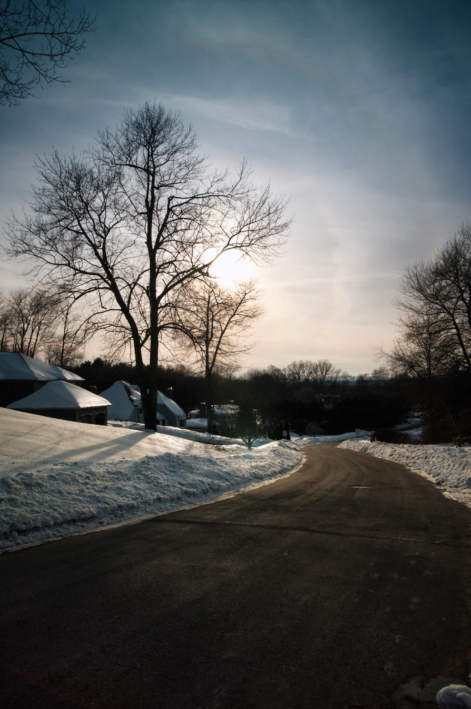 a street sign near a residential area in the winter