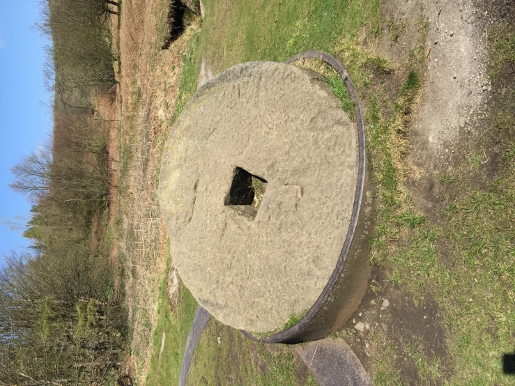 an outdoor park features a cement bench and large grass pit