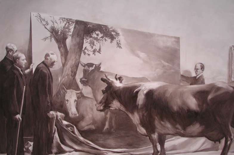 a painting of people gathered around cows in front of a man in a suit