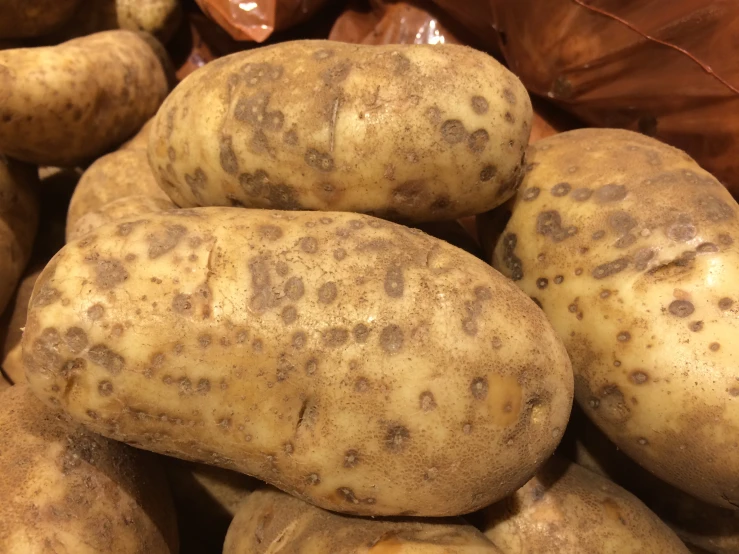 a pile of brown potato with dirt on top