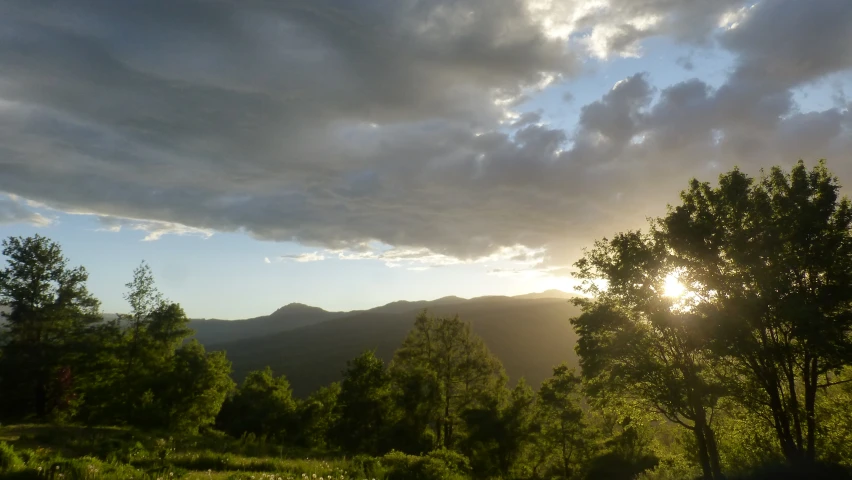 a sunrise shines brightly on the forested valley