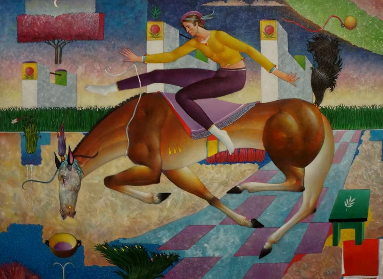 a painting of a woman riding on top of a horse