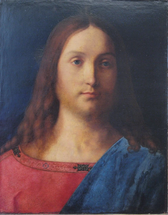 an ornate painting with a blue shirt and long hair