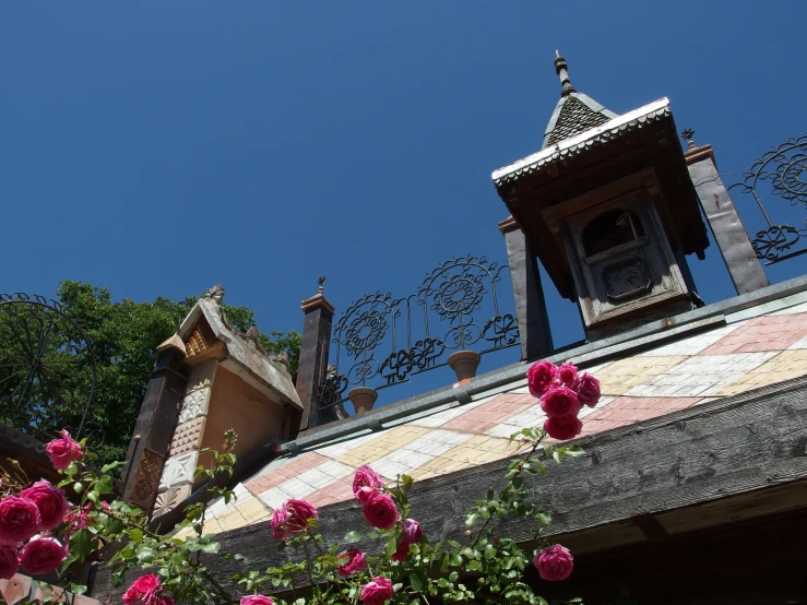 flowers and the roof of a building under a blue sky