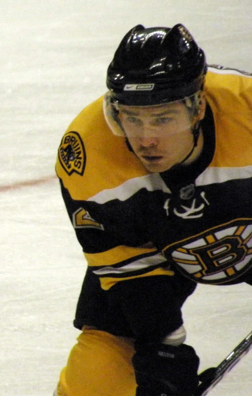 a hockey player in yellow and black gear holding a hockey stick