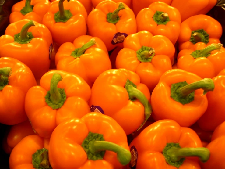 fresh orange peppers with green stems are sitting together