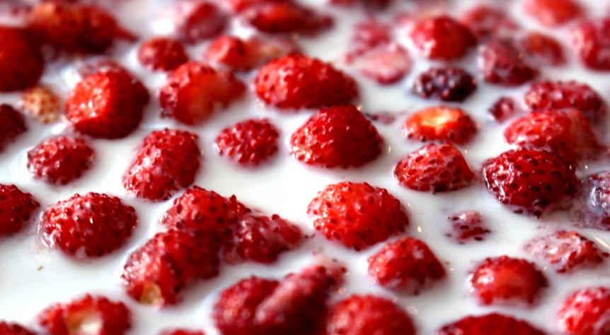 yogurt in a pan is mixed with raspberries and blueberries