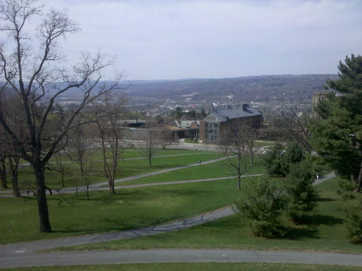 the view of trees and grass from an overlook point