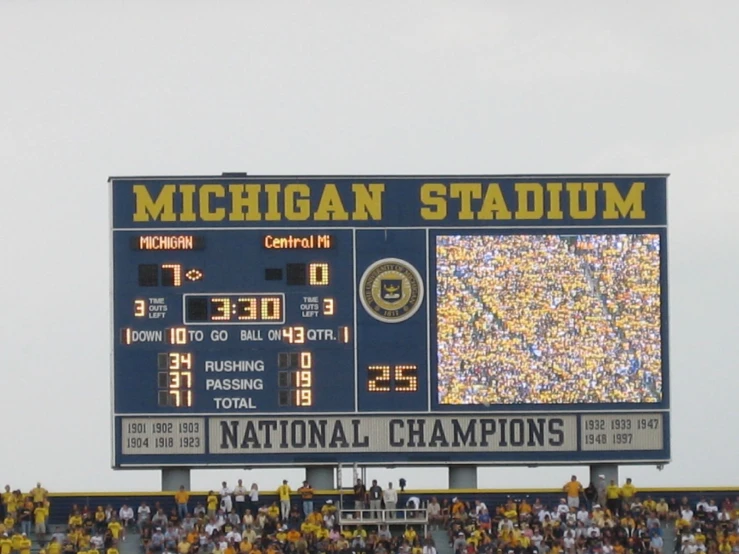 michigan stadium score board showing the michigan men's college football team's national championship
