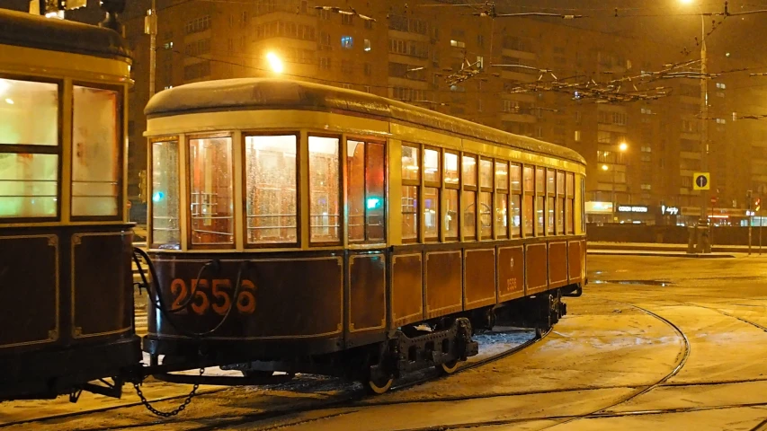 a trolley sits in a quiet empty street