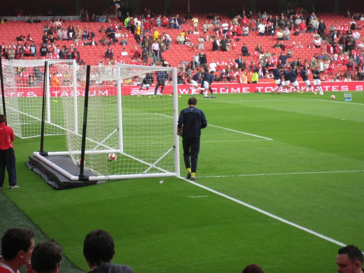 a soccer goal and the referee walking into it