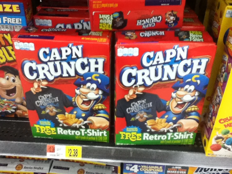 two boxes of capsy crunch cereal sit in a store