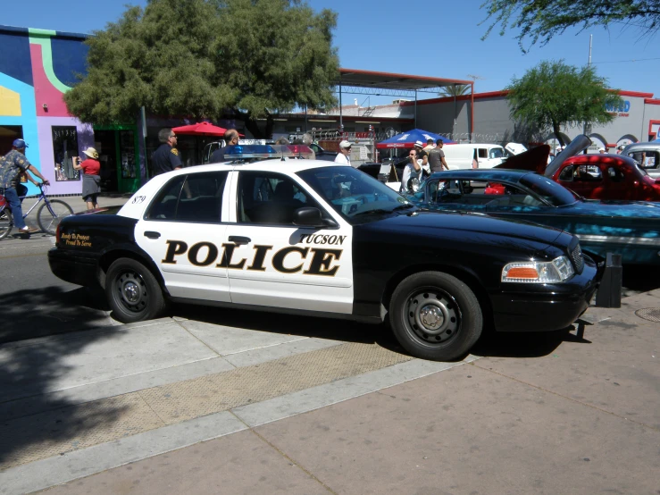 two police vehicles parked at a curb near many parked cars