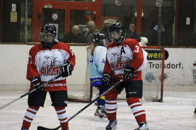 two teams playing hockey in an indoor arena