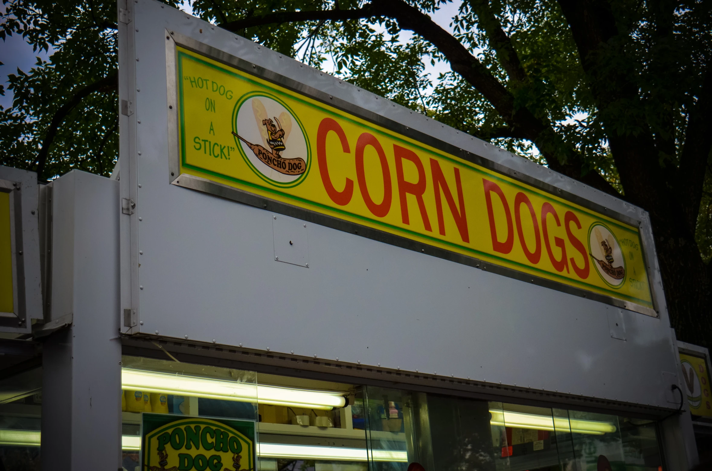 the front of corn dogs on a street corner