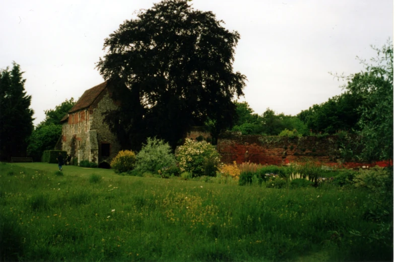 an old abandoned building sits among greenery and trees