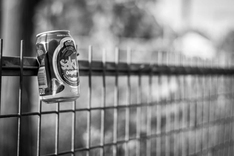 black and white pograph of can hanging on a fence