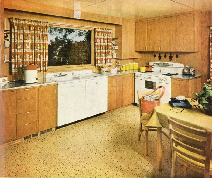 an image of kitchen setting in a retro era