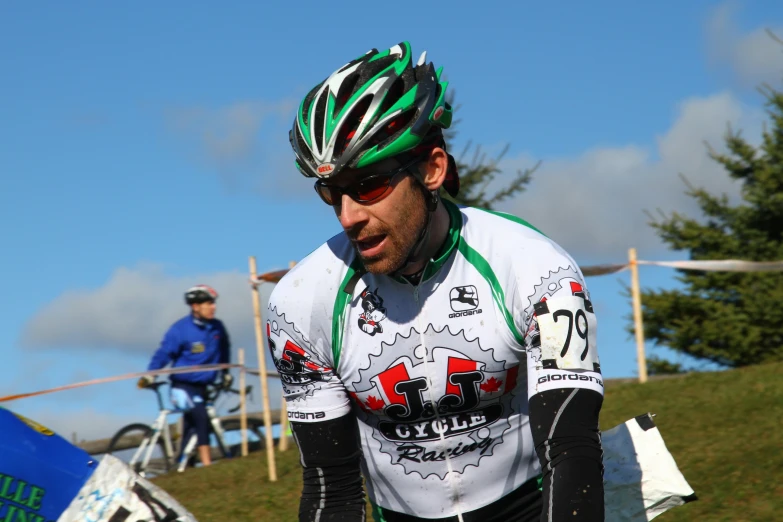 cyclist wearing white shirt and helmet preparing to ride