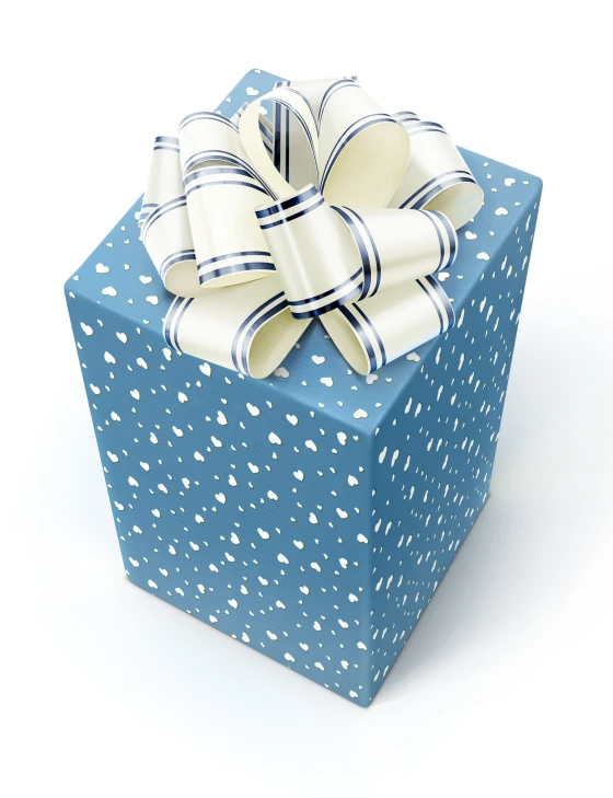 a blue gift box with a white ribbon