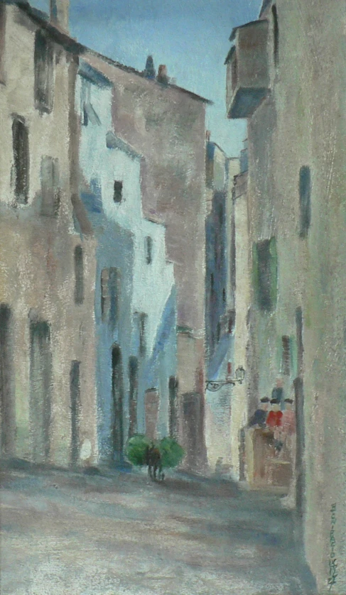 an oil painting of an alley in a city