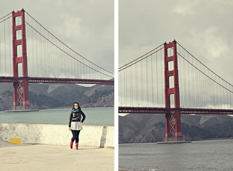 a woman poses near the golden gate bridge