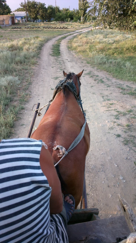 a man is riding a horse down a dirt road