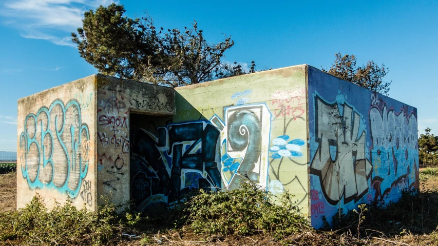 a structure with graffiti in the middle of nowhere