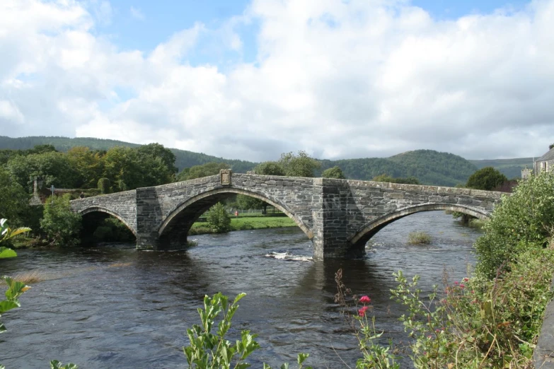 a stone bridge is over the water and pink flowers