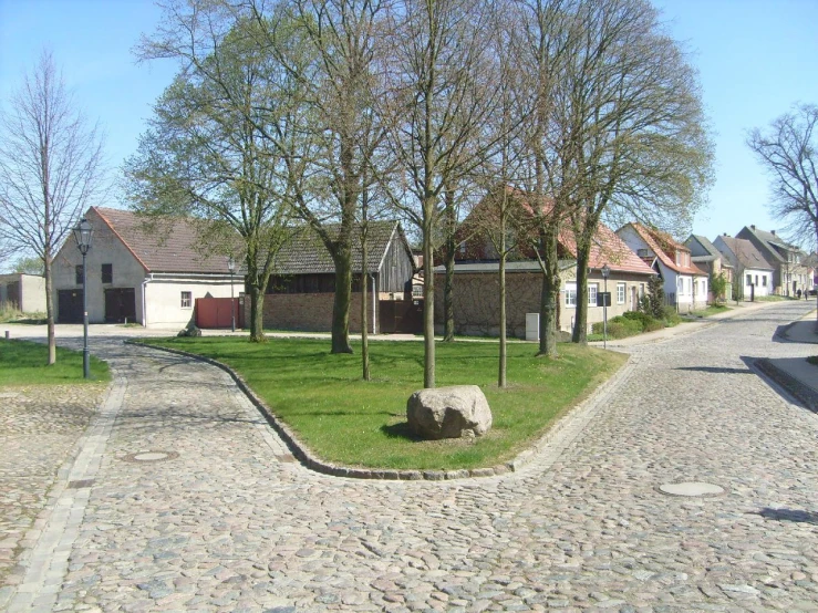 some trees and some houses next to a street