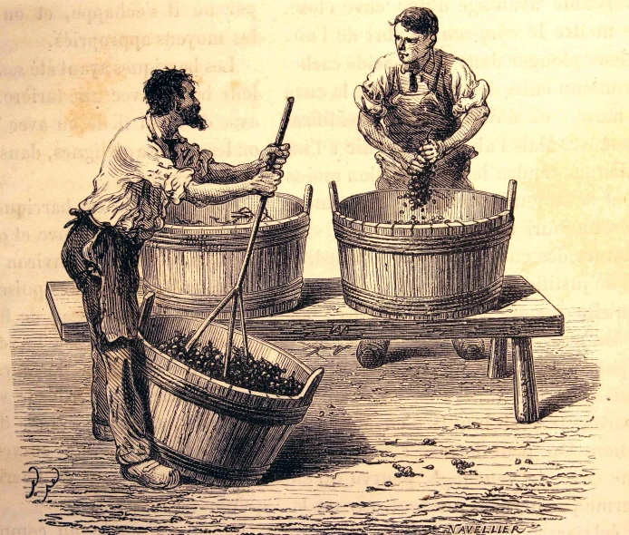 an illustration showing two men on the boat with barrels