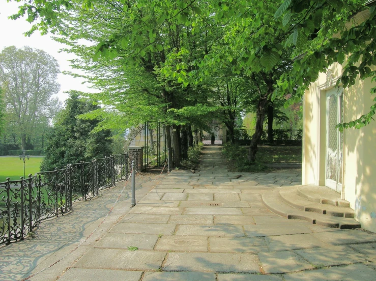 an alley with several steps is surrounded by trees