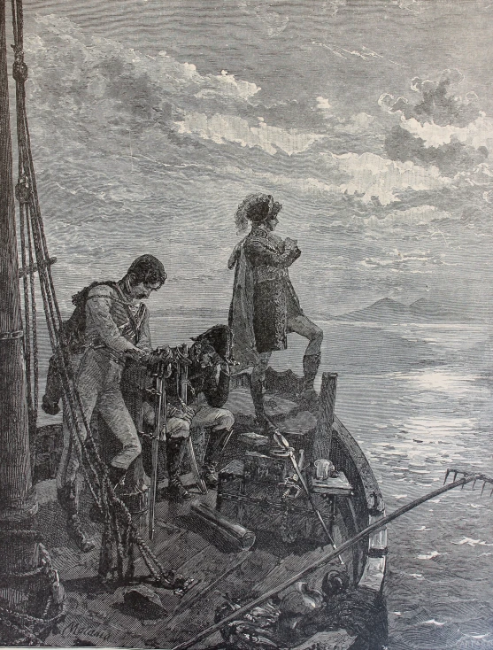 black and white illustration of people riding on the back of a boat