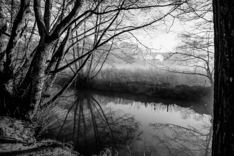 black and white pograph of a dark and foggy river