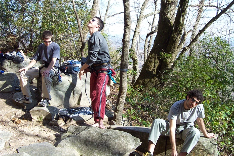 a group of people sitting on some rocks with trees