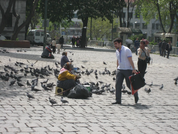 a large flock of birds flying around people on a city sidewalk