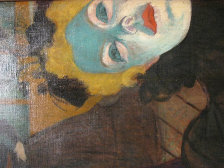 a painting depicting a person with yellow hair and blue face paint