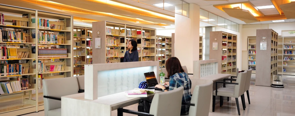 two people in chairs looking at bookshelves