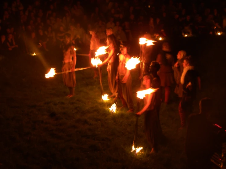 a group of people holding torches in the air