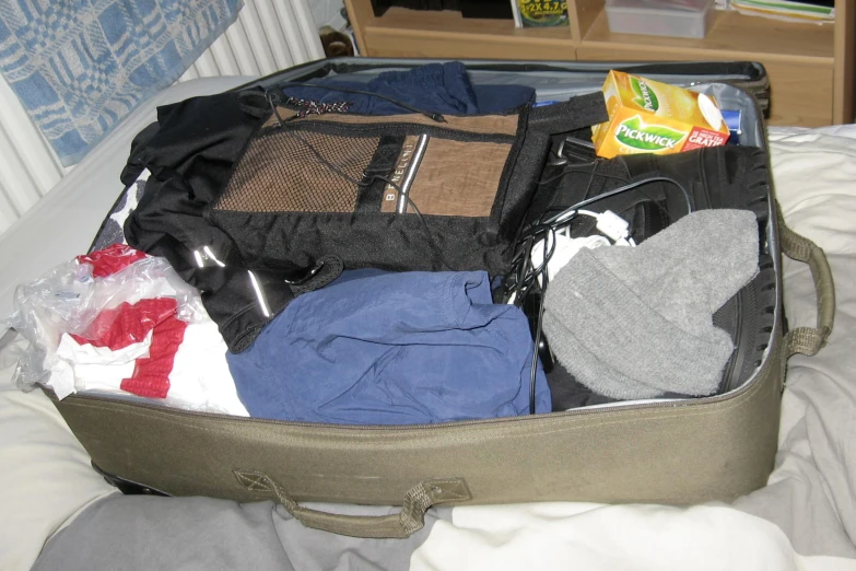 the clothes are in the suitcase on the bed