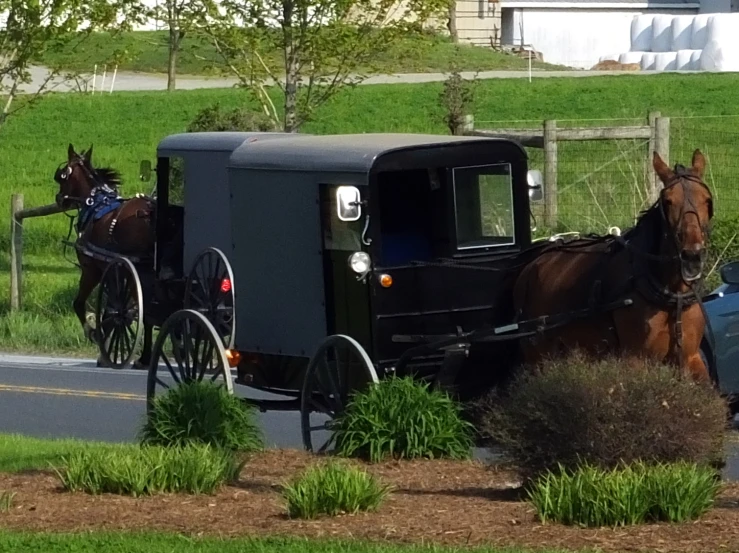 the horse is pulling the cart behind him