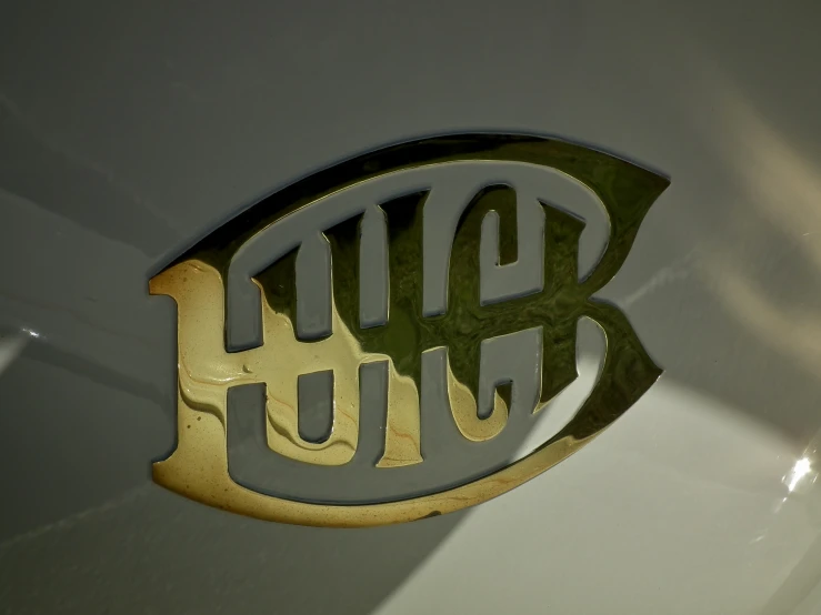 a white emblem and some silver letters and green letters