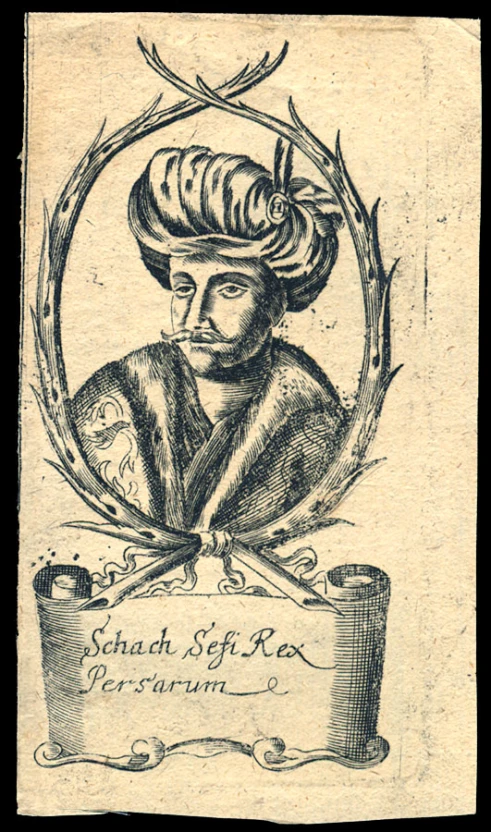 a drawing shows a man in an elaborate hat