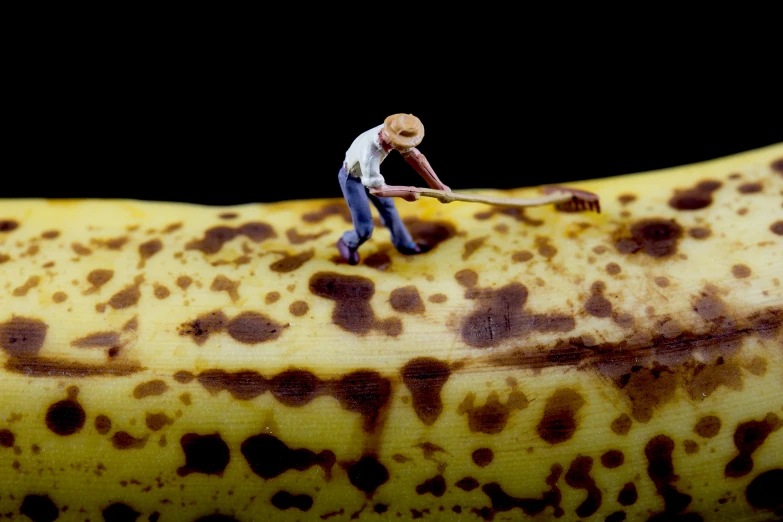 figurine man atop banana with a rubber band